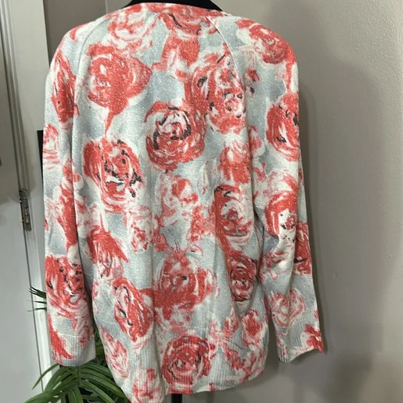 ST JOHN pink and silver rose print  button down cardigan wool lurex Women’s XL - Picture 6 of 14